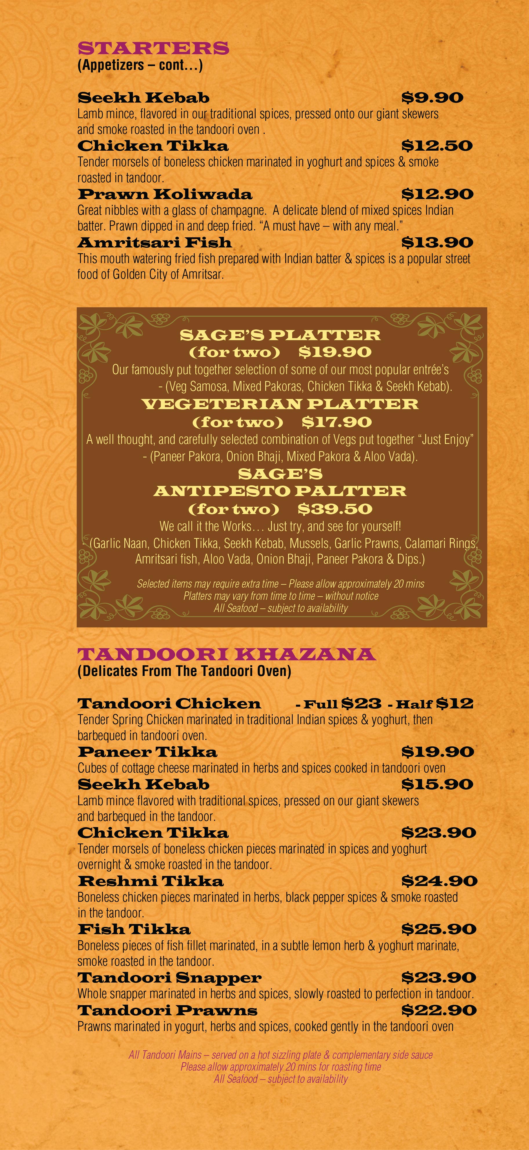 Dine In Menu Sages Indian Restaurant Auckland